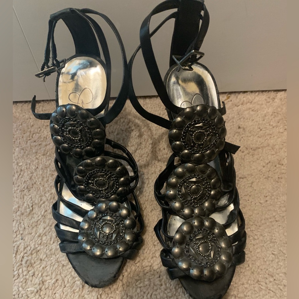 Jessica Simpson Black Leather Gladiator-style Stilettos